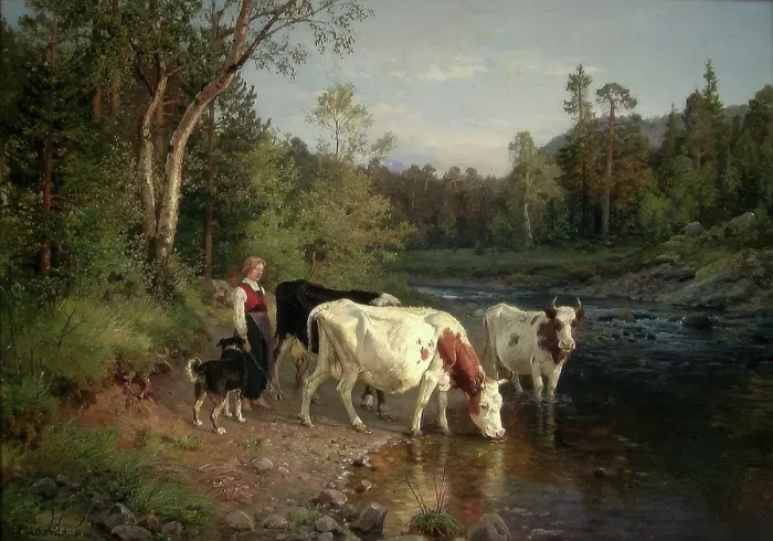 Framed Print : Evening at the Riverside, 1870. Creator: Anders Monsen Askevold Framed Print : Evening at the Riverside, 1870. Creator: Anders Monsen Askevold