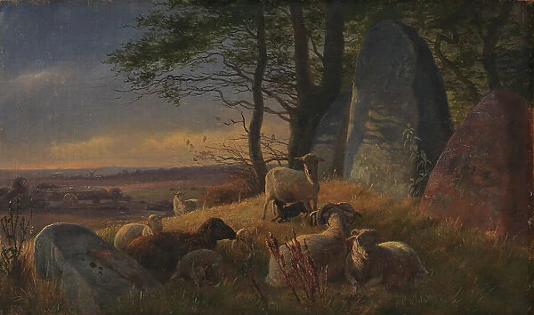 Evening Scene with Sheep on a Mound, 1845. Creator: Johan Thomas Lundbye