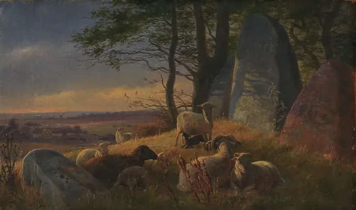 Framed Print : Evening Scene with Sheep on a Mound, 1845. Creator: Johan Thomas Lundbye Framed Print : Evening Scene with Sheep on a Mound, 1845. Creator: Johan Thomas Lundbye