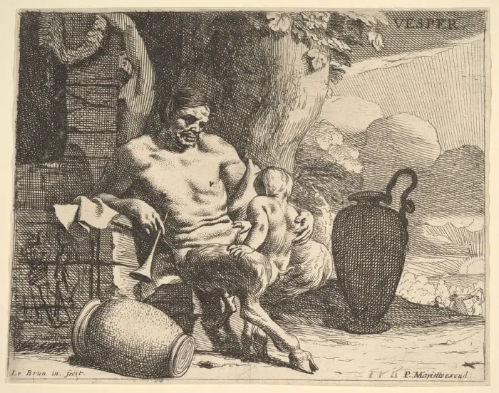 Framed Print : Evening: a seated satyr clasps his child, a figure hangs a garland on a pier beyond, f Framed Print : Evening: a seated satyr clasps his child, a figure hangs a garland on a pier beyond, f