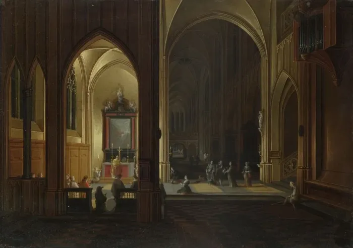 Framed Print : An Evening Service in a Church, 1649. Artist: Neeffs, Pieter, the Elder (1578-1661) Framed Print : An Evening Service in a Church, 1649. Artist: Neeffs, Pieter, the Elder (1578-1661)