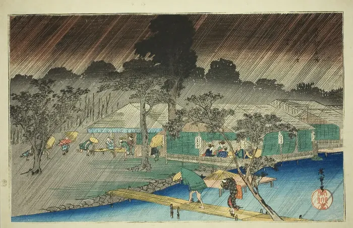 Framed Print : Evening Shower at the Bank of Tadasu River (Tadasugawara no yudachi), from the series... c. 1834. Creator: Ando Hiroshige Framed Print : Evening Shower at the Bank of Tadasu River (Tadasugawara no yudachi), from the series... c. 1834. Creator: Ando Hiroshige