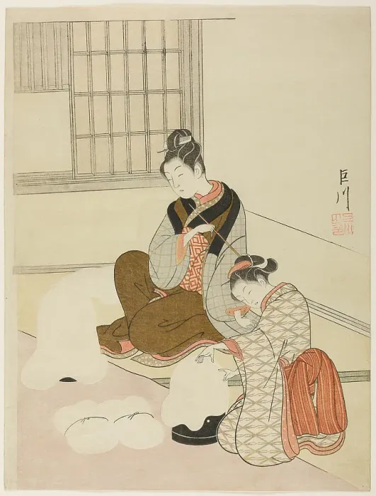 Framed Print : Evening Snow on a Floss Shaper (Nurioke no bosetsu), from the series Eight Views of the...c. 1766. Creator: Suzuki Harunobu. Evening Snow on a Floss Shaper (Nurioke no bosetsu), from the series Eight Views of the...c. 1766