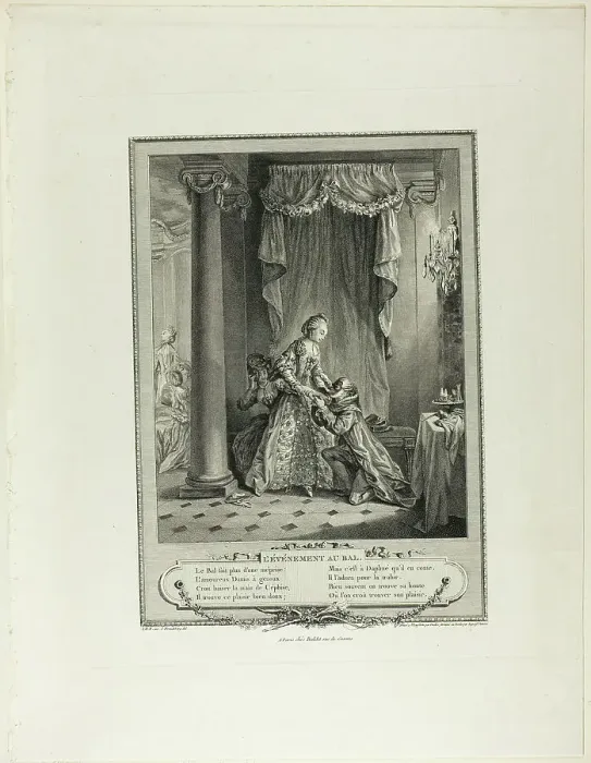 Framed Print : The Event at the Ball, from Monument du Costume Physique et Moral de la fin du Dix-huitième... 1774 Creator: Antoine Jean Duclos Framed Print : The Event at the Ball, from Monument du Costume Physique et Moral de la fin du Dix-huitième... 1774 Creator: Antoine Jean Duclos