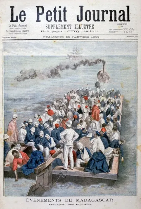 Framed Print : Events in Madagascar: the repatriation of French troops, 1896. Artist: F Meaulle Framed Print : Events in Madagascar: the repatriation of French troops, 1896. Artist: F Meaulle