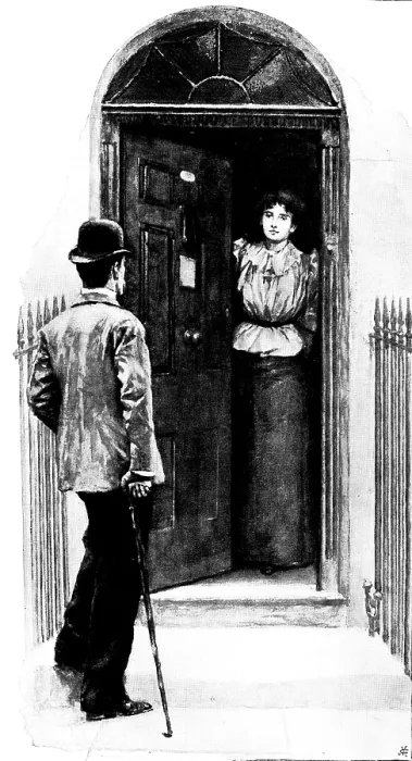 Framed Print : Eve's Ransom...: 'I believe Miss Madden lives here?', 1895. Creator: George Meisenbach. Eve's Ransom...: 'I believe Miss Madden lives here?', 1895