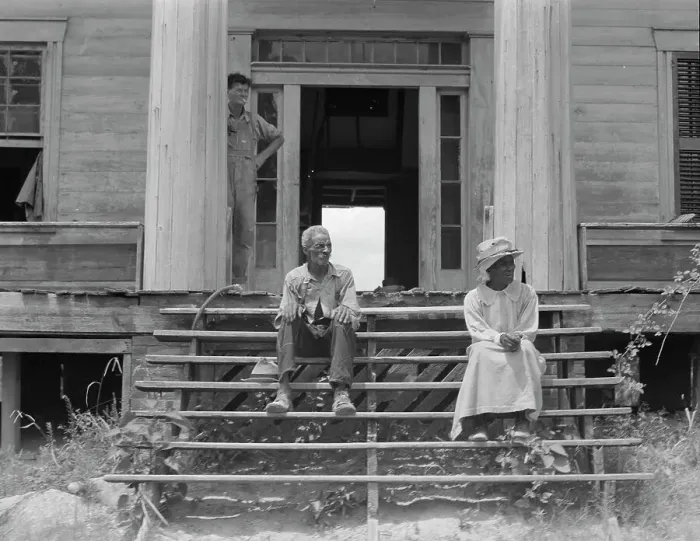 Framed Print : Ex-slave and wife on steps of plantation house now in decay, Greene County, Georgia, 1937. Creator: Dorothea Lange Framed Print : Ex-slave and wife on steps of plantation house now in decay, Greene County, Georgia, 1937. Creator: Dorothea Lange