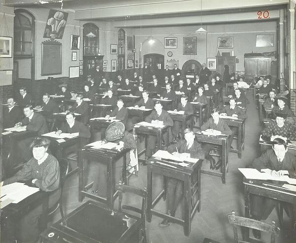 Examination class for male and female students, Queens Road Evening Institute, London, 1908