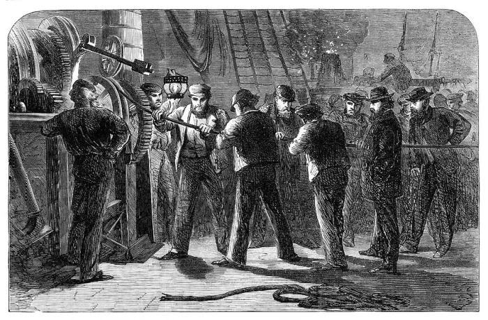Framed Print : Examining the Atlantic Telegraph Cable, after raising it, on board the Great Eastern, 1865. Creator: Unknown Framed Print : Examining the Atlantic Telegraph Cable, after raising it, on board the Great Eastern, 1865. Creator: Unknown