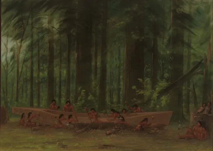 Framed Print : Excavating a Canoe - Nayas Indians, 1855 / 1869. Creator: George Catlin Framed Print : Excavating a Canoe - Nayas Indians, 1855 / 1869. Creator: George Catlin