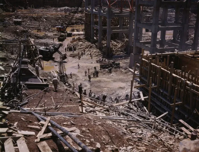 Framed Print : Excavating within the log cofferdam during an early stage of construction, Douglas Dam, Tenn. 1942. Creator: Alfred T Palmer Framed Print : Excavating within the log cofferdam during an early stage of construction, Douglas Dam, Tenn. 1942. Creator: Alfred T Palmer