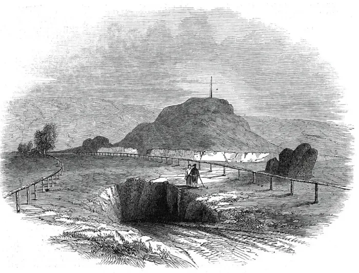 Framed Print : The excavation in which the cists were found - the Mount and Priory ruins, 1845 Framed Print : The excavation in which the cists were found - the Mount and Priory ruins, 1845