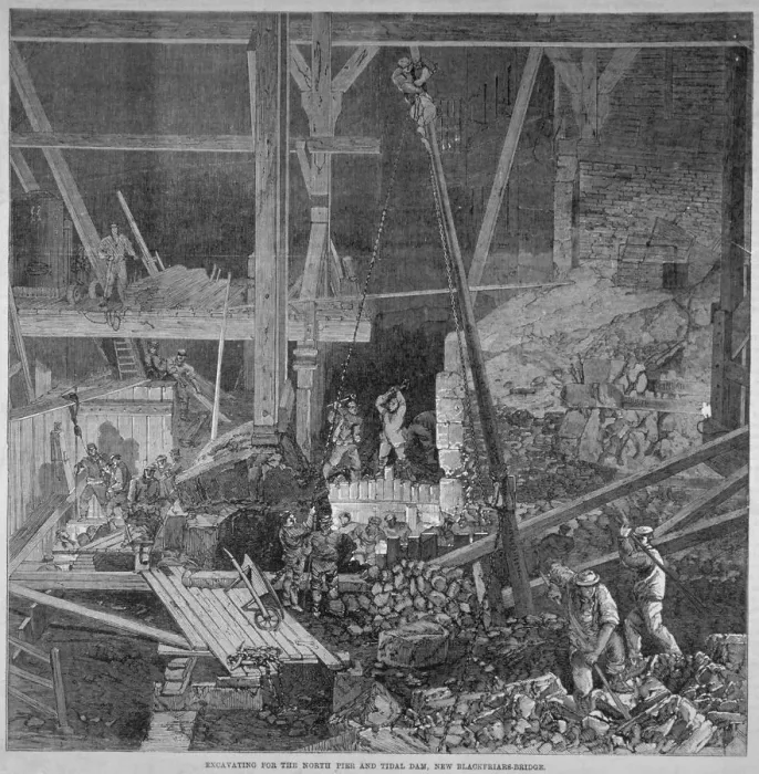 Framed Print : Excavation work for the north pier and tidal dam at Blackfriars Bridge, London, 1864 Framed Print : Excavation work for the north pier and tidal dam at Blackfriars Bridge, London, 1864