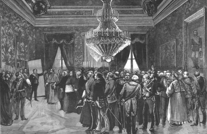 Framed Print : His Excellency the President of the Ministerial Council announcing the birth of... 1886. 1890. Creator: Unknown Framed Print : His Excellency the President of the Ministerial Council announcing the birth of... 1886. 1890. Creator: Unknown