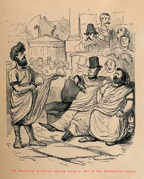 Framed Print : His Excellency Q Fabius offering Peace or War to the Carthaginian Senate, 1852. Artist: John Leech Framed Print : His Excellency Q Fabius offering Peace or War to the Carthaginian Senate, 1852. Artist: John Leech