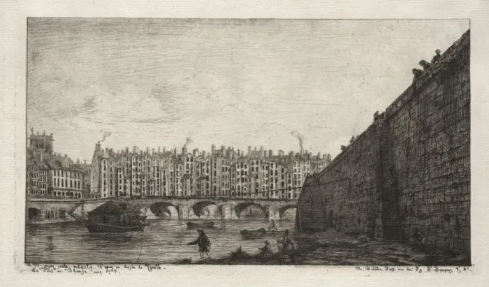 Framed Print : The Exchange Bridge, Paris, about 1784, 1855. Creator: Charles Meryon (French, 1821-1868) Framed Print : The Exchange Bridge, Paris, about 1784, 1855. Creator: Charles Meryon (French, 1821-1868)