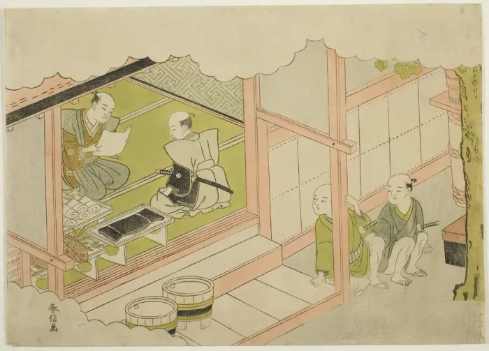 Framed Print : Exchange of Gifts (Yuino), the second sheet of the series Marriage in Brocade Prints... c. 1769. Creator: Suzuki Harunobu Framed Print : Exchange of Gifts (Yuino), the second sheet of the series Marriage in Brocade Prints... c. 1769. Creator: Suzuki Harunobu