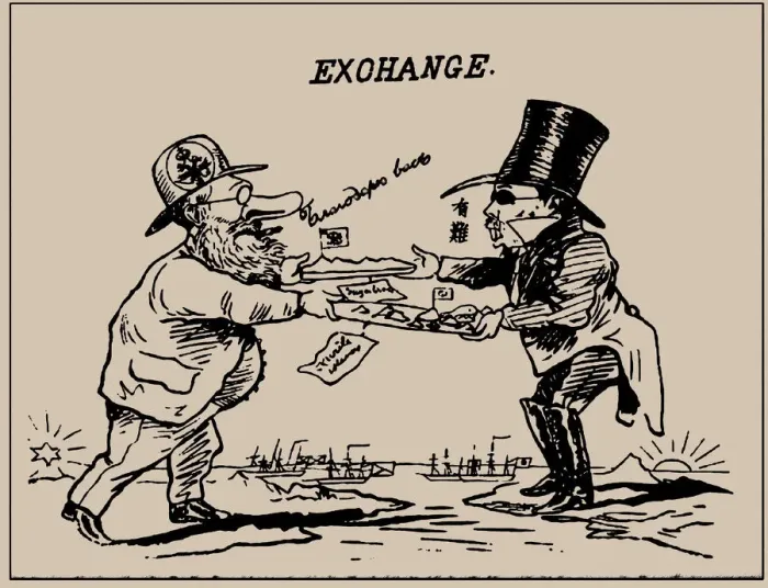 Framed Print : Exchange. The Japan Punch, August 1875, 1875. Creator: Wirgman, Charles (1832-1891)