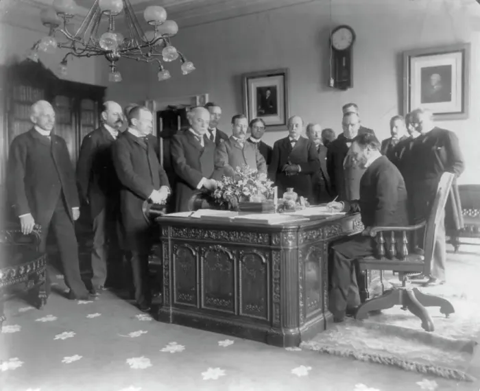 Framed Print : Exchange of the ratifications of the treaty of peace with Spain, made in the President's... c1899. Creator: Unknown Framed Print : Exchange of the ratifications of the treaty of peace with Spain, made in the President's... c1899. Creator: Unknown