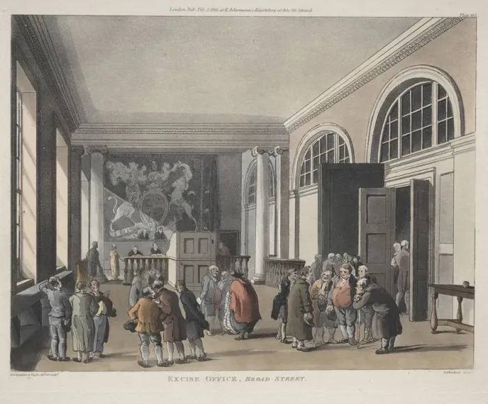 Framed Print : Excise Office, Broad Street, 1810. Creator: Thomas Rowlandson (British, 1756-1827) Framed Print : Excise Office, Broad Street, 1810. Creator: Thomas Rowlandson (British, 1756-1827)