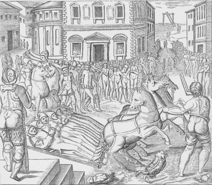 Framed Print : Execution of three Carthusian martyrs, Tyburn, London, 1535 (1904). Artist: Nicolas Beatrizet Framed Print : Execution of three Carthusian martyrs, Tyburn, London, 1535 (1904). Artist: Nicolas Beatrizet