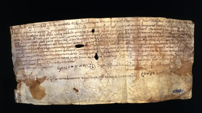 Framed Print : Execution of the will of Count Ramon Borrell I, parchment document dated May 6, 1034