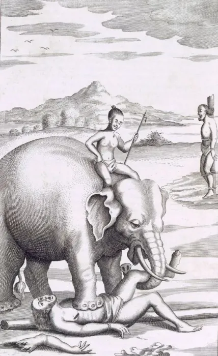Framed Print : An execution by an elephant, pub. 1681. Creator: Robert Knox (1641-1720) Framed Print : An execution by an elephant, pub. 1681. Creator: Robert Knox (1641-1720)