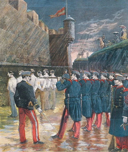 Execution by firing squad in the moats of the Castle of Montjuic, six anarchists