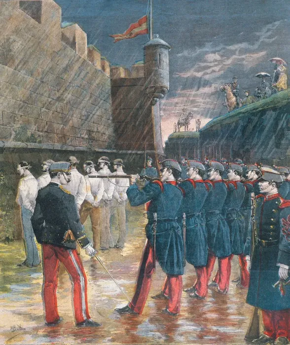 Framed Print : Execution by firing squad in the moats of the Castle of Montjuic, six anarchists Framed Print : Execution by firing squad in the moats of the Castle of Montjuic, six anarchists