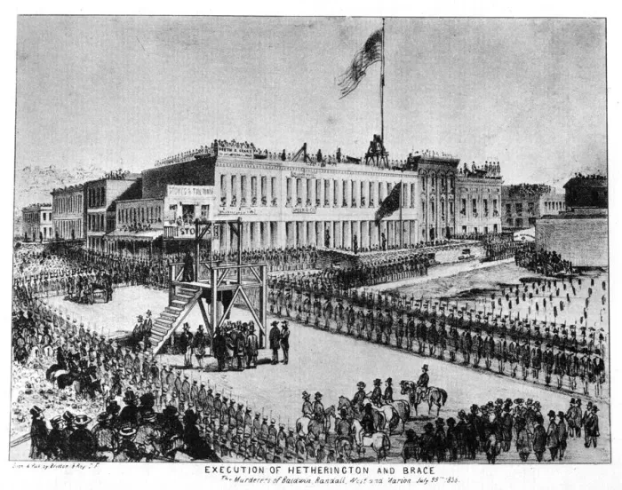 Framed Print : The execution of Hetherington and Brace, Fort Vigilance, Sacramento, California, 1856 (1937). Artist: Britton & Rey Framed Print : The execution of Hetherington and Brace, Fort Vigilance, Sacramento, California, 1856 (1937). Artist: Britton & Rey