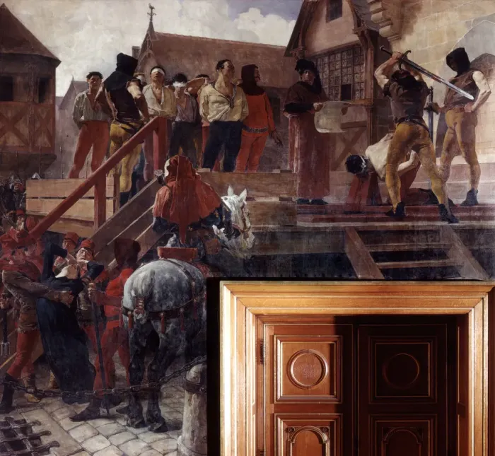 Framed Print : Execution of Jean Desmartes, 1383 (19th / early 20th century). Artist: Jean-Paul Laurens Framed Print : Execution of Jean Desmartes, 1383 (19th / early 20th century). Artist: Jean-Paul Laurens