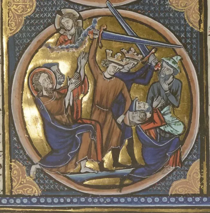 Framed Print : Execution of Jews. Miniature from Emblemes bibliques, ca 1220-1230. Creator: Anonymous Framed Print : Execution of Jews. Miniature from Emblemes bibliques, ca 1220-1230. Creator: Anonymous