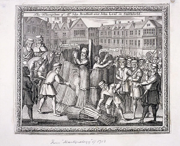 The execution of John Bradford and John Leaf at Smithfield, 1555, (c1713)