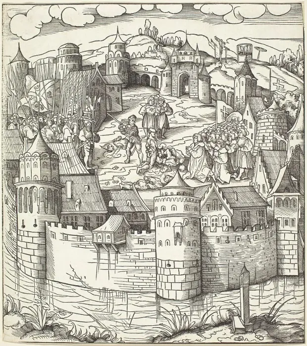 Framed Print : Execution of a Man at a Market-Place of a Town, 1514 / 1516. Creator: Leonhard Beck Framed Print : Execution of a Man at a Market-Place of a Town, 1514 / 1516. Creator: Leonhard Beck