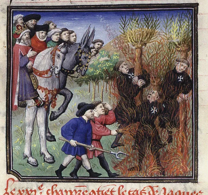 Framed Print : Execution of the Templars, Early 15th cen.. Creator: Anonymous Framed Print : Execution of the Templars, Early 15th cen.. Creator: Anonymous