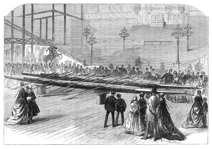 Framed Print : Exhibition of the Oxford and Cambridge boats at the Crystal Palace, 1869. Creator: Unknown Framed Print : Exhibition of the Oxford and Cambridge boats at the Crystal Palace, 1869. Creator: Unknown
