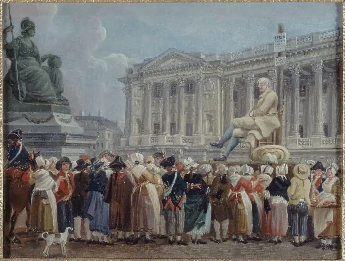 Framed Print : Exhibition of Pierre Nicolas Perrin in Place de la Revolution, 29 vendemiaire, year II, c1793. Creator: Pierre-Antoine Demachy Framed Print : Exhibition of Pierre Nicolas Perrin in Place de la Revolution, 29 vendemiaire, year II, c1793. Creator: Pierre-Antoine Demachy