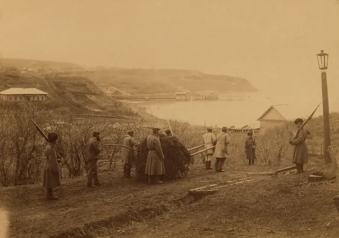Framed Print : Exiled Captives Carting Manure at Korsakov Post in Southern Sakhalin, 1880-1899. Creator: Innokenty Ignatievich Pavlovsky Framed Print : Exiled Captives Carting Manure at Korsakov Post in Southern Sakhalin, 1880-1899. Creator: Innokenty Ignatievich Pavlovsky