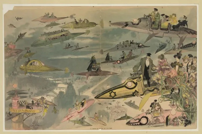 Framed Print : The exit of the opera in the year 2000 (Le Sortie de l opera en l an 2000). Artist: Robida, Albert (1848-1926)