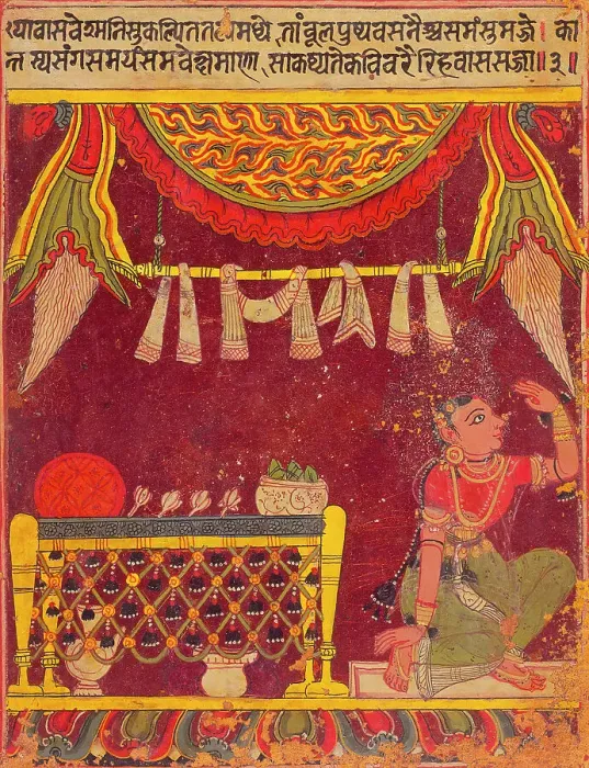 Framed Print : Expectant Heroine (Vasasajja), Nayika Painting Appended to a Ragamala (Garland of Melodies), c1650. Creator: Unknown Framed Print : Expectant Heroine (Vasasajja), Nayika Painting Appended to a Ragamala (Garland of Melodies), c1650. Creator: Unknown