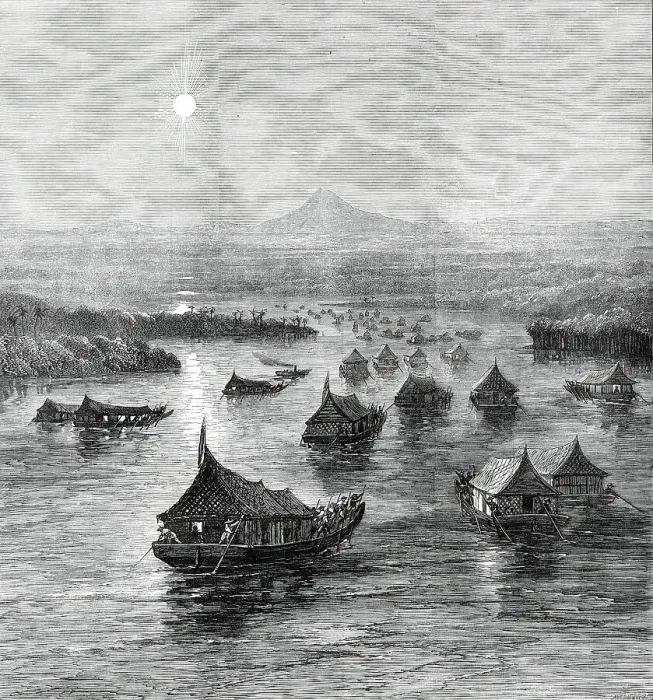 Framed Print : The Expedition against the Malays: the British Force ascending the Perak River, 1876. Creator: J Greenaway Framed Print : The Expedition against the Malays: the British Force ascending the Perak River, 1876. Creator: J Greenaway