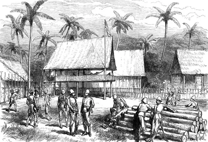 Framed Print : The Expedition against the Malays of Perak: officers quarters, Campong Boyah, 1876. Creator: C.R Framed Print : The Expedition against the Malays of Perak: officers quarters, Campong Boyah, 1876. Creator: C.R