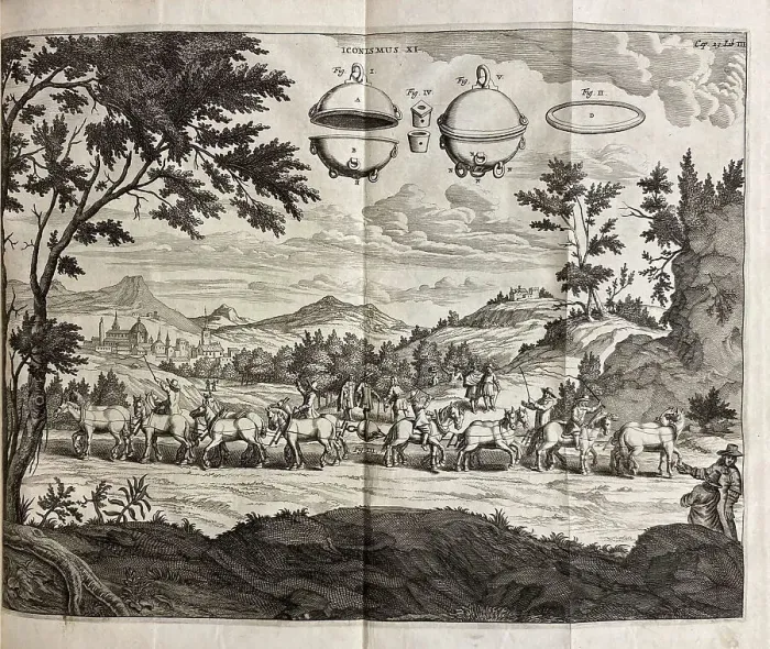 Framed Print : Experimenta nova. Overcoming the “horror vacui” with the “Magdeburg Hemispheres”, 1672. Creator: Guericke, Otto von (1602-1684) Framed Print : Experimenta nova. Overcoming the “horror vacui” with the “Magdeburg Hemispheres”, 1672. Creator: Guericke, Otto von (1602-1684)