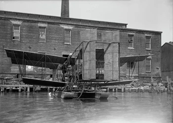 Framed Print : Experimental Tandem Biplane On Potomac Embodying Langley Principles, 1917. Creator: Harris & Ewing. Experimental Tandem Biplane On Potomac Embodying Langley Principles, 1917. Creator: Harris & Ewing Framed Print : Experimental Tandem Biplane On Potomac Embodying Langley Principles, 1917. Creator: Harris & Ewing. Experimental Tandem Biplane On Potomac Embodying Langley Principles, 1917. Creator: Harris & Ewing