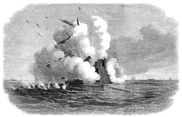 Experiments with the Armstrong 600-pounder against the Warrior floating target, 1864. Creator: Unknown