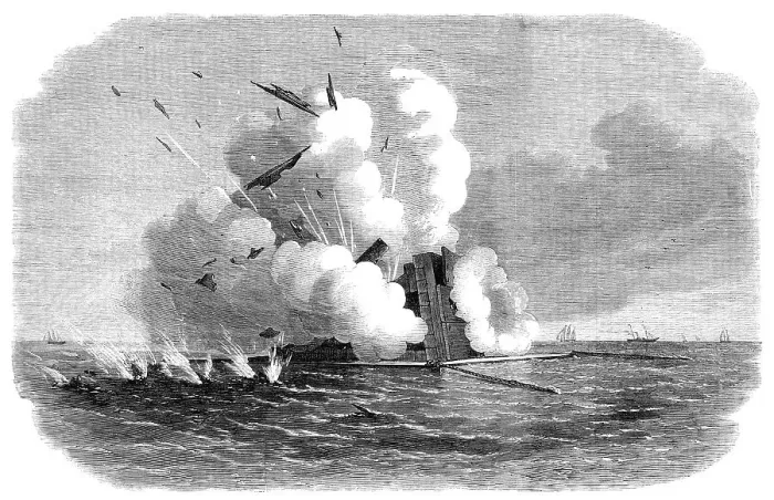 Framed Print : Experiments with the Armstrong 600-pounder against the Warrior floating target, 1864. Creator: Unknown Framed Print : Experiments with the Armstrong 600-pounder against the Warrior floating target, 1864. Creator: Unknown