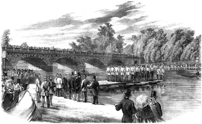 Framed Print : Experiments with Captain Fowkes pontoon bridge on the Serpentine, Hyde Park, London, 1860 Framed Print : Experiments with Captain Fowkes pontoon bridge on the Serpentine, Hyde Park, London, 1860