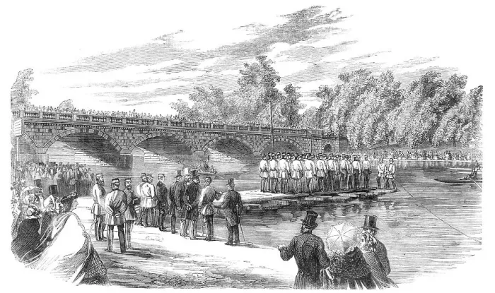 Framed Print : Experiments with Captain Fowke's pontoon bridge on the Serpentine, 1860. Creator: Unknown