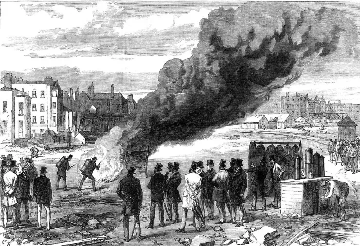 Framed Print : Experiments with l'Extincteur on the Thames Embankment before the Prince of Wales, 1868. Creator: C. R Framed Print : Experiments with l'Extincteur on the Thames Embankment before the Prince of Wales, 1868. Creator: C. R