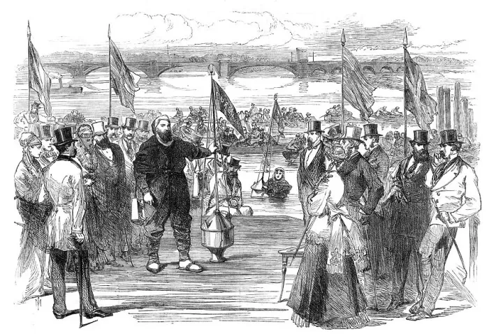 Framed Print : Experiments with new life-saving apparatus on the Thames, 1869. Creator: Unknown Framed Print : Experiments with new life-saving apparatus on the Thames, 1869. Creator: Unknown